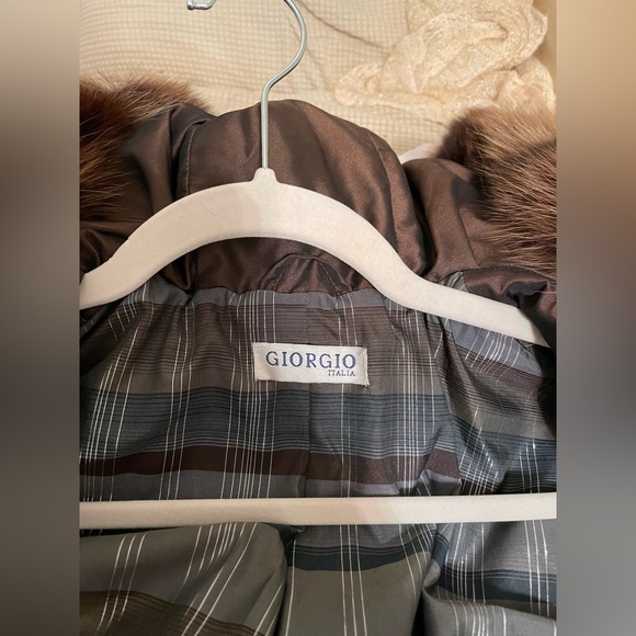 100% REAL Fur trim down belted coat leather buttons made in Italy size Small - Picture 8 of 12